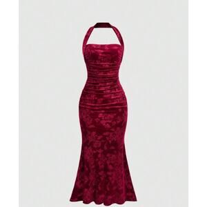 Holiday Party Velvet Slit Hem Halter Neck Party Maxi Dress Burgundy XS Vamp